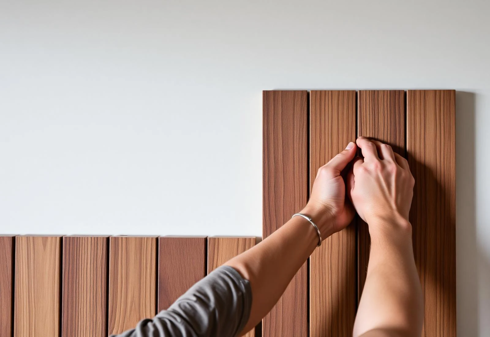 Hands fitting a vertical wood panel
